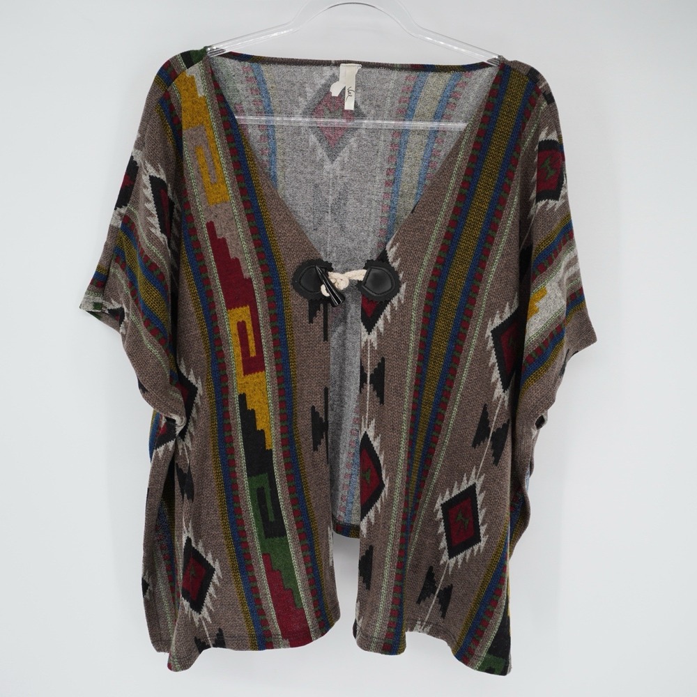 Vintage Aztec Print Open‎ Front Kimono Poncho Duster Southwestern Bohemian Small